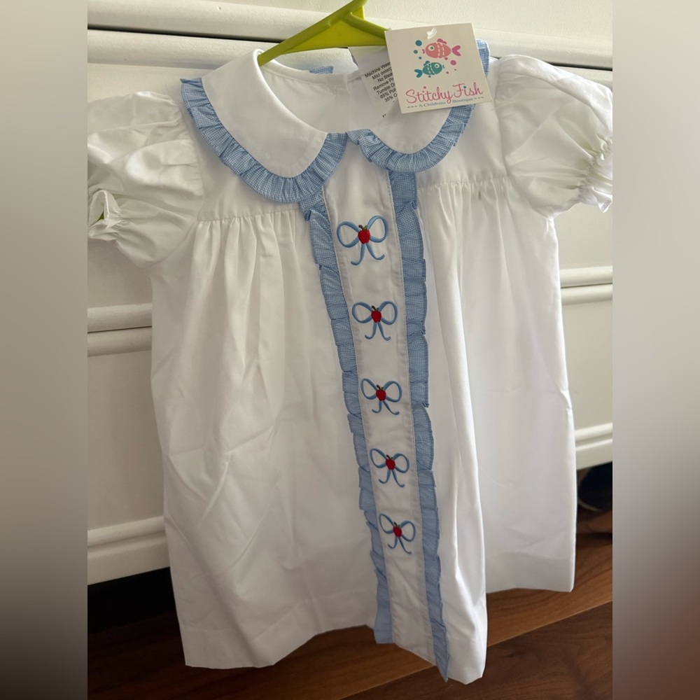 NWT Stitchy Fish White Dress with Blue Trim and Bow Accents